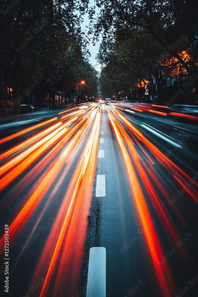 Poster dynamic light trails on a busy urban street at dusk : generative ai