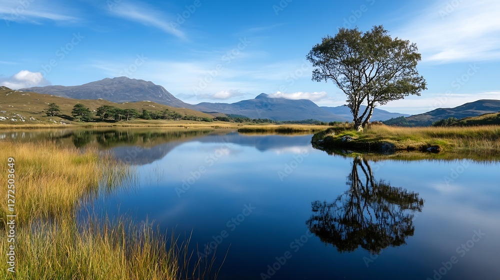 Poster scenic reflection of a tree in a calm lake surrounded by mountains under a clear blue sky : generati