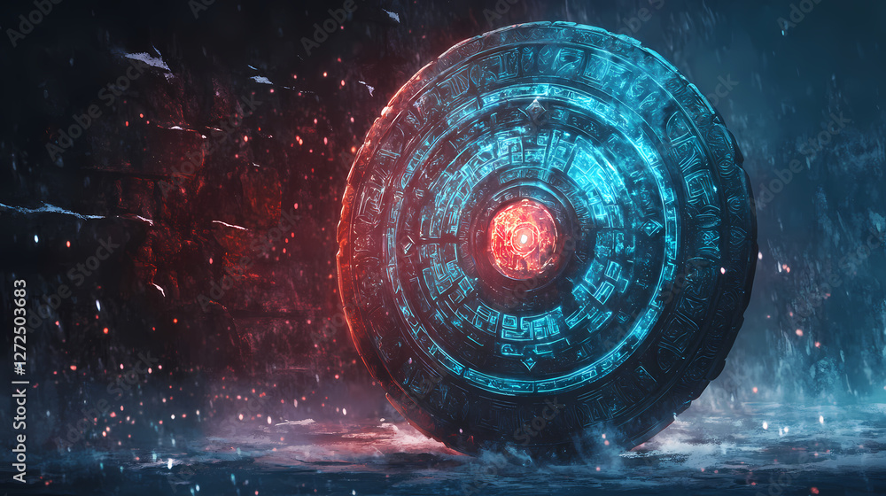 Canvas Prints enchanted shield of luminescent runes, a mystical artifact radiating ancient power, adorned with int