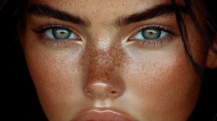 Fototapeta premium Freckled woman's face, sunlit, close-up, dark background, beauty