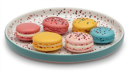 Fototapeta premium Colorful macarons with sprinkles arranged on a decorative plate, showcasing a sweet treat