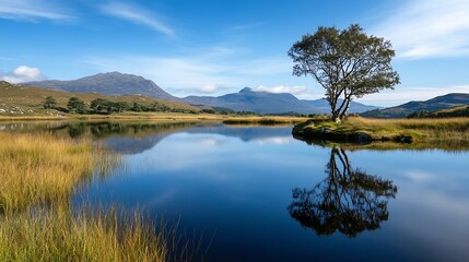 Scenic Reflection of a Tree in a Calm Lake Surrounded by Mountains Under a Clear Blue Sky : Generative AI
