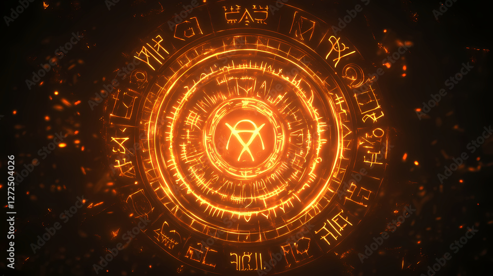 Wall mural glowing circular rune array with ancient symbols. ancient luminescent glyphs. illustration