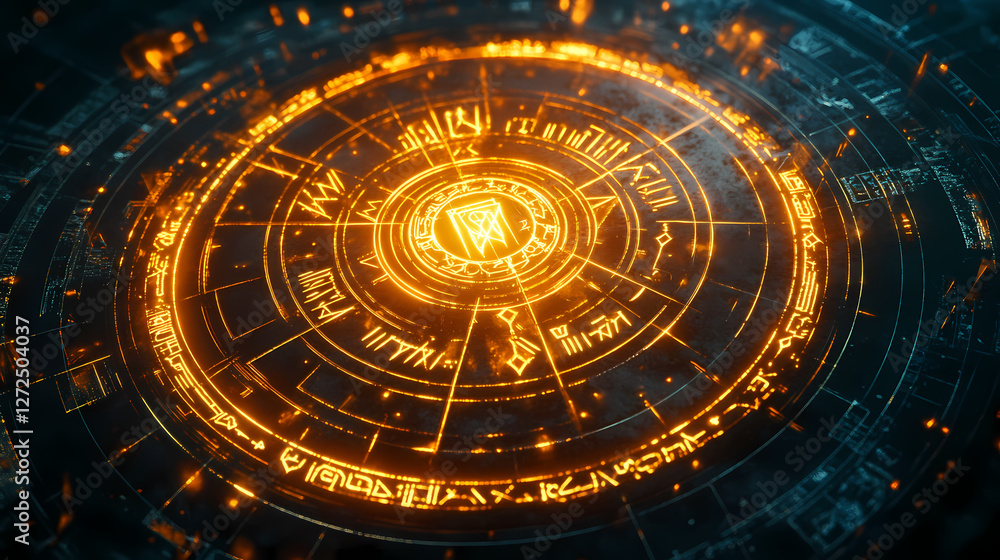 Wall mural glowing circular rune array with ancient symbols. ancient luminescent glyphs. illustration
