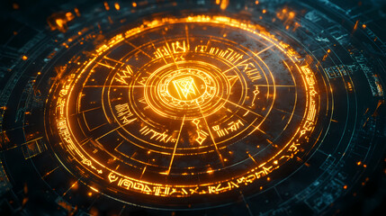 Obraz premium Glowing circular rune array with ancient symbols. Ancient Luminescent Glyphs. Illustration