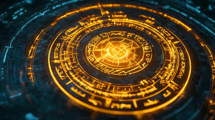 Fototapeta premium Glowing circular rune array with ancient symbols. Ancient Luminescent Glyphs. Illustration