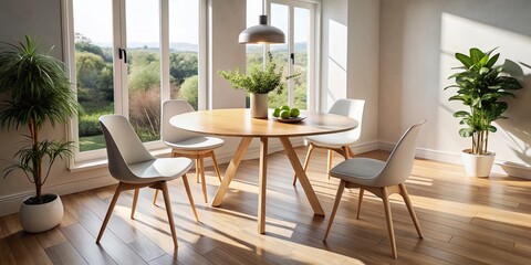 Minimalist Round Dining Table in Modern Open Plan Living Room Interior Design Stock Photo