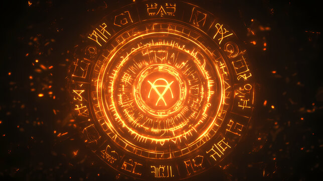 Glowing circular rune array with ancient symbols. Ancient Luminescent Glyphs. Illustration