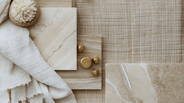 Beige stone, wood, fabric samples; design mood board