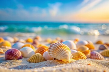 Obraz premium Minimalist Seashells on Sandy Beach - Simple Coastal Summer Background