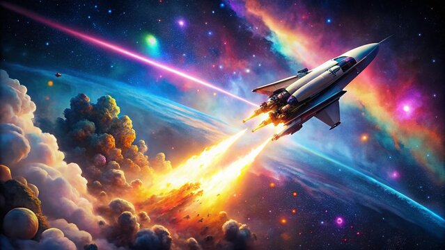 Minimalist Space Hyperjump: Starship Flying Past Vibrant Nebulae