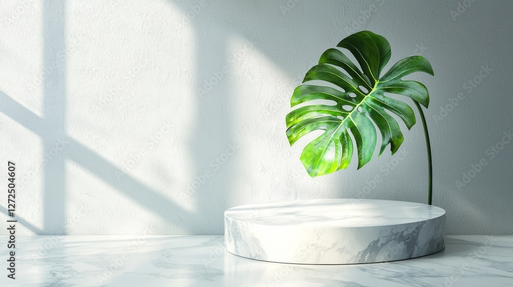 Aufkleber a stylish white marble display podium holds a lush green monstera leaf, beautifully highlighted by s