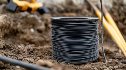 Obraz premium Black Wire Spool in Excavation Site: Underground Cable Installation