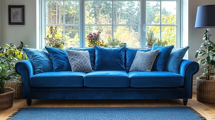 Fototapeta premium Blue Velvet Sofa in a Room with Window and Plants