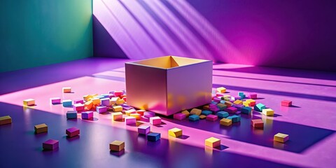 An Open Box and Colorful Cubes Scattered on a Vivid Purple Surface in a Sunlit Room