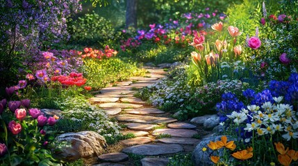 Obraz premium Whimsical Garden Path with Colorful Flowers and Artistic Elements