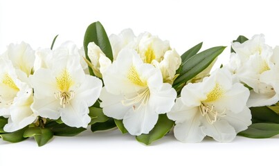 Obraz premium A beautiful arrangement of white rhododendron flowers with lush green leaves, showcasing their delicate petals