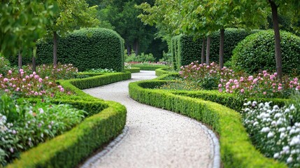 Winding Path Through Formal Garden Surrounded by Lush Greenery