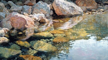 Fototapeta premium tranquil symphony of shimmering rocks and dancing water creates a mesmerizing tapestry of reflections and textures along idyllic riverbank or shore 