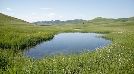 Serene mountain grassland pond, tranquil landscape, summer day