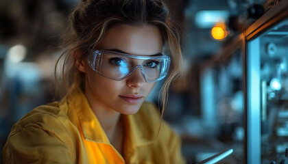 Futuristic concept of a female engineer interacting with a digital robotic arm using a tablet. Artificial intelligence, automation, and smart manufacturing in an industrial setting
