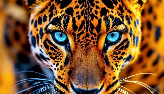 Close-up of a leopard with captivating blue eyes. The image highlights the animal's powerful presence and stunning coat.