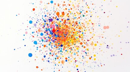 A dense cluster of tiny colorful dots concentrated at the center, gradually fading outward until only a few remain at the edges, set against a clean white background. 