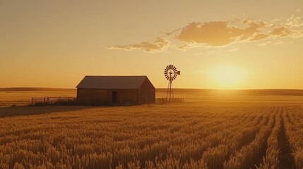 Fototapeta premium Golden Hour at the Ranch: Barn, Windmill, and Sunset Over Wheat Fields