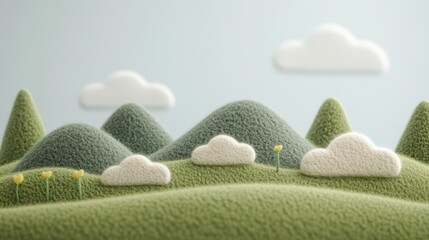 Felt-Style Landscape of Clouds, Mountains, and Forests

