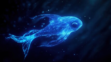 A glowing Lumo fish emerging from the deep ocean, its bioluminescent body illuminating the dark water as it swims toward the shimmering surface.