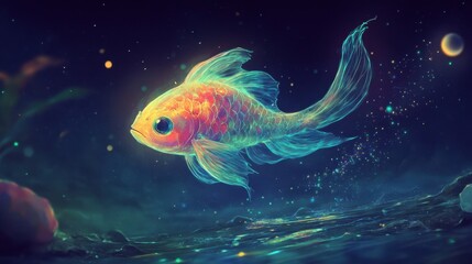 Fototapeta premium A magical Lumo fish glowing with soft neon colors, slowly rising toward the moonlit surface, leaving a trail of sparkling bioluminescence behind.