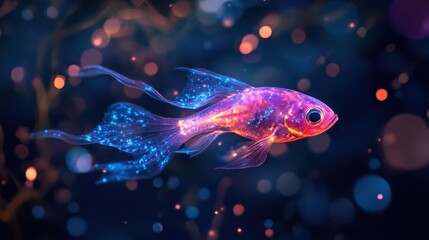 A magical Lumo fish glowing with soft neon colors, slowly rising toward the moonlit surface, leaving a trail of sparkling bioluminescence behind.