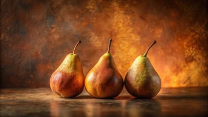 A trio of ripe pears, exhibiting autumnal hues, rests elegantly on a dark, textured surface against a warm, earthy backdrop.