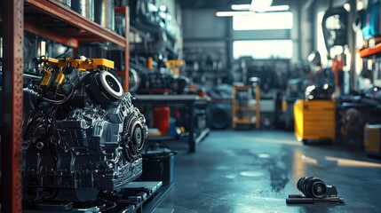 Obraz premium Detailed View of Engine in Automotive Workshop Environment