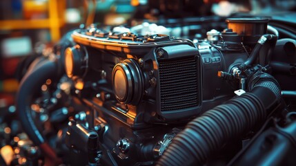 Close-Up View of Engine in Automotive Workshop Environment