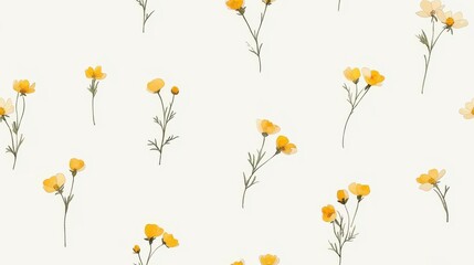 Botanical Watercolor Delicate Yellow Buttercup Flowers Pattern on White Background