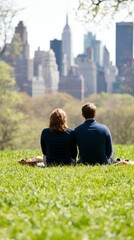 Naklejka premium Couple enjoying a picnic on a grassy hill overlooking a vibrant city skyline