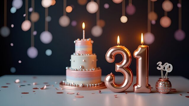 Festive 31st birthday or anniversary scene featuring rose gold metallic candles, multi-tiered tower cake with silver accents, and playful confetti—ideal for invitations, messages, and decor