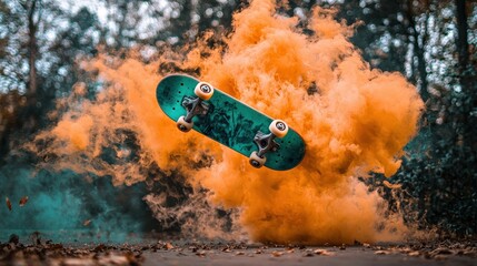 Skateboard Mid-Air with Orange and Teal Smoke in Forest Setting