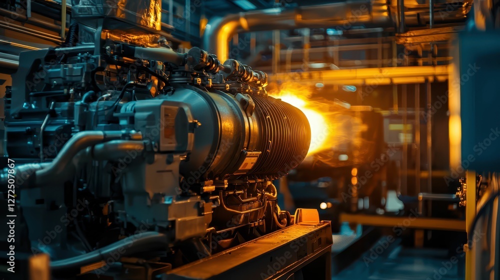 Poster engine in operation with visible flame and protective layers