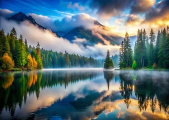 Tableau sur plexiglas Forêt brumeuse Misty Mountain Lake: Serene Forest Reflection Stock Photo  © Four888