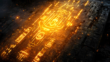 Seamless alien glyphs glowing on ancient monolith. Ancient Luminescent Glyphs. Illustration