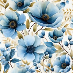 Elegant seamless floral pattern with blue flowers on wight background. Fabric, wallpaper print texture.