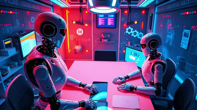 Two humanoid robots engaged in a discussion in a futuristic, neon-lit conference room