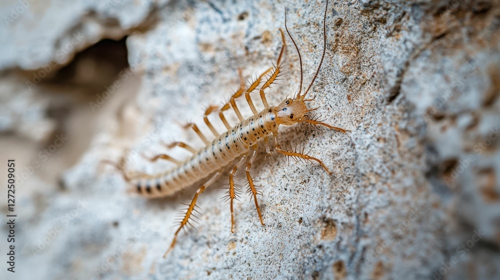 Poster intricate close-up of a centipede navigating a textured surface