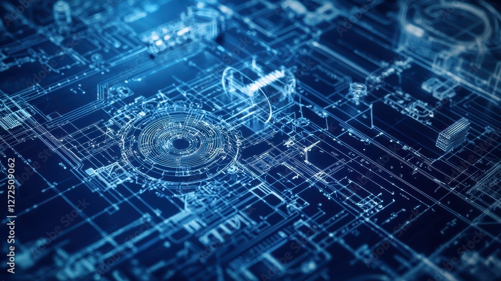 Poster intricate engineering blueprint design with abstract technical elements