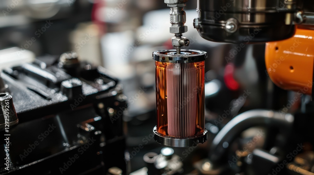 Poster installing oil filter on modern engine component in workshop