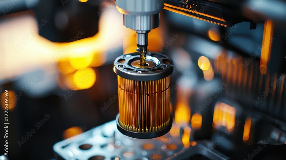 Poster installation of oil filter on modern engine with precision tools