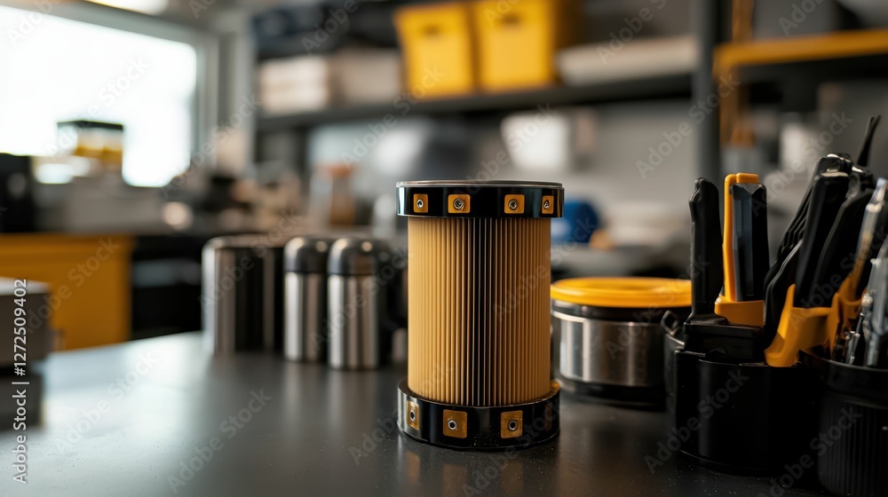 Aufkleber precision oil filter surrounded by tools in workshop setting