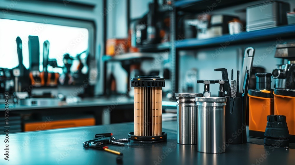 Poster oil filter displayed next to precision tools in a workshop setting